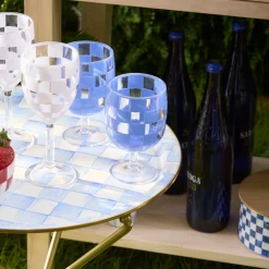 Blue Check Acrylic Water Goblets, Set of 4