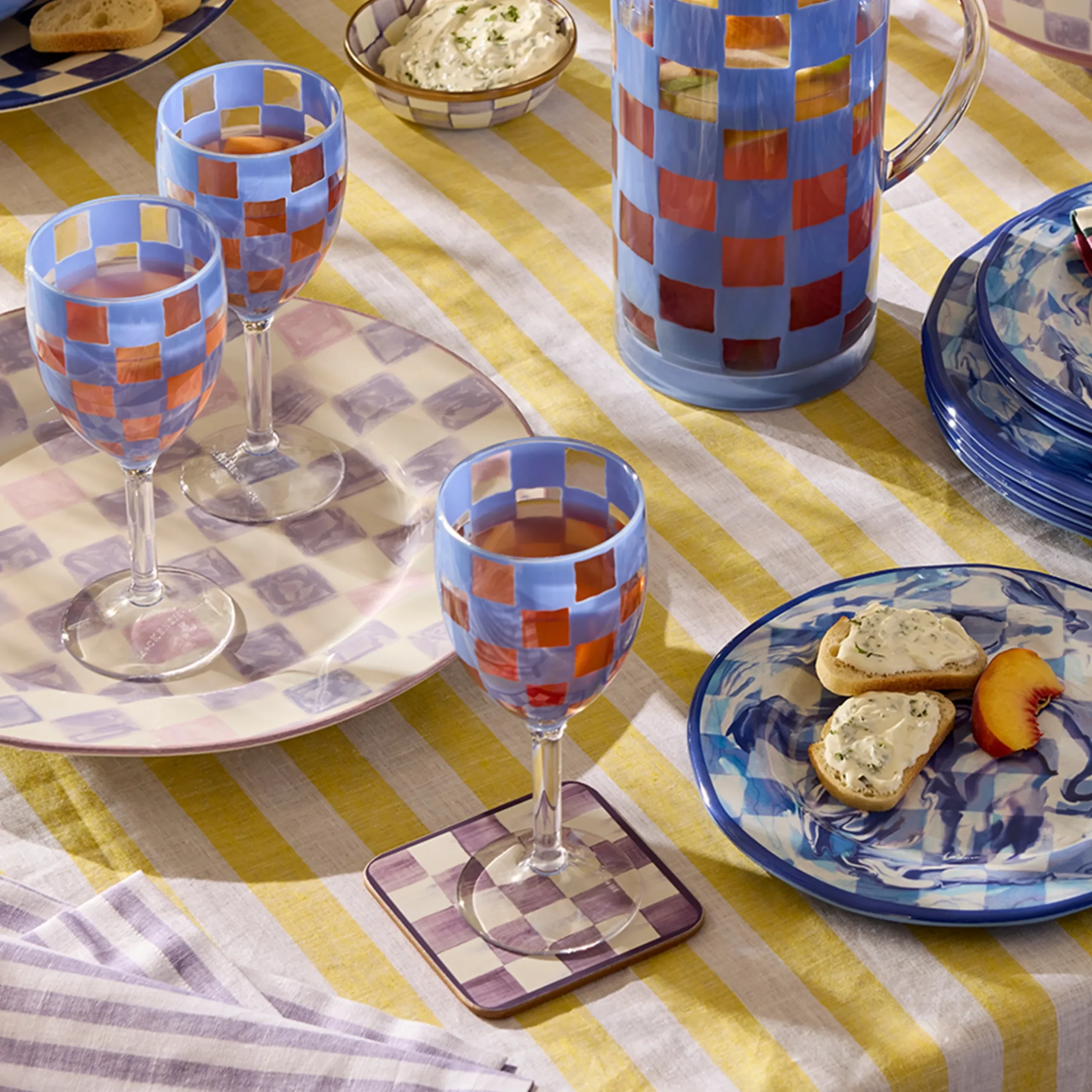 Blue Check Acrylic Wine Goblets, Set of 4
