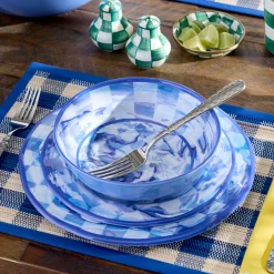 Blue Marble Check Melamine Dinner Plates, Set of 4
