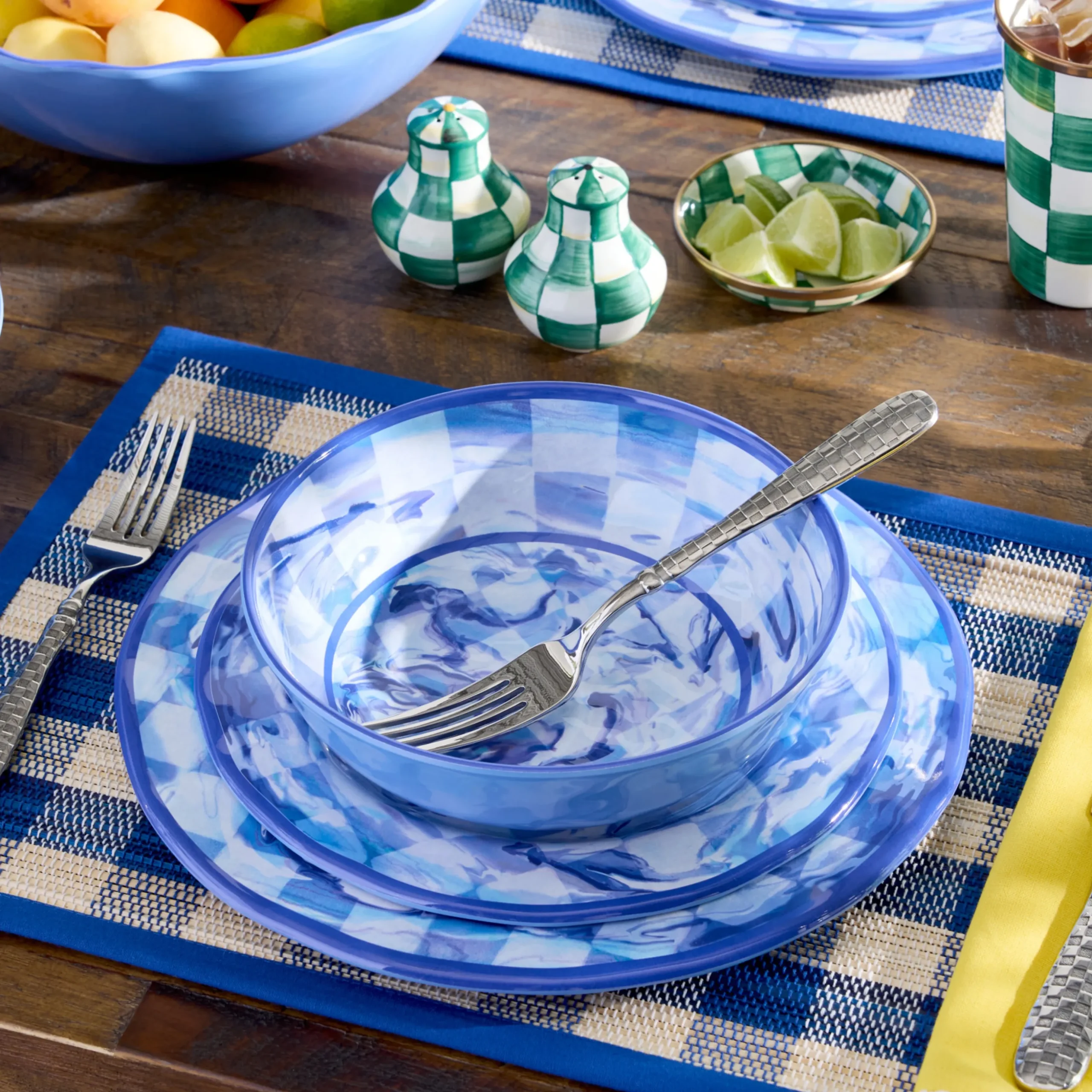 Blue Marble Check Melamine Salad Plates, Set of 4