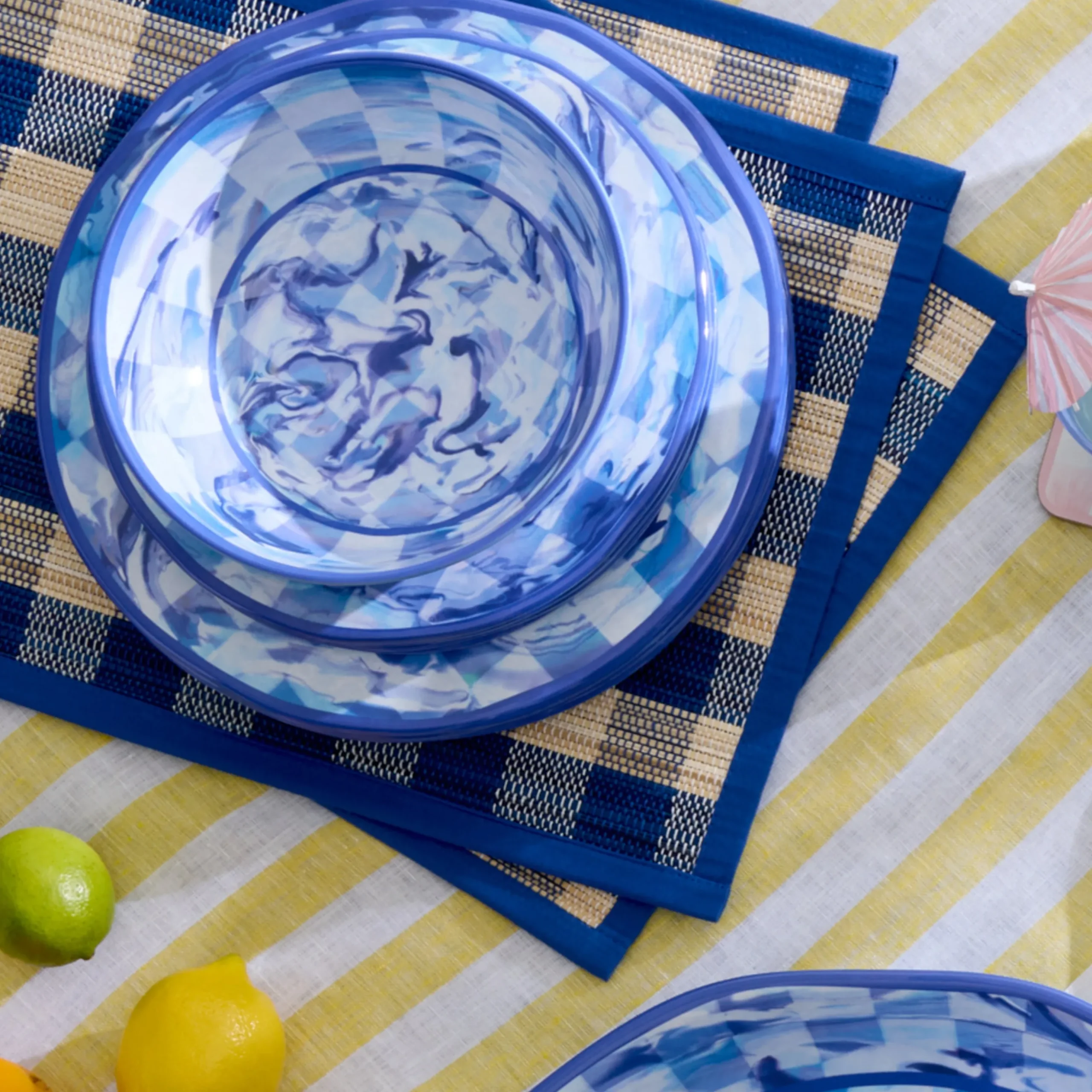 Blue Marble Check Melamine Salad Plates, Set of 4