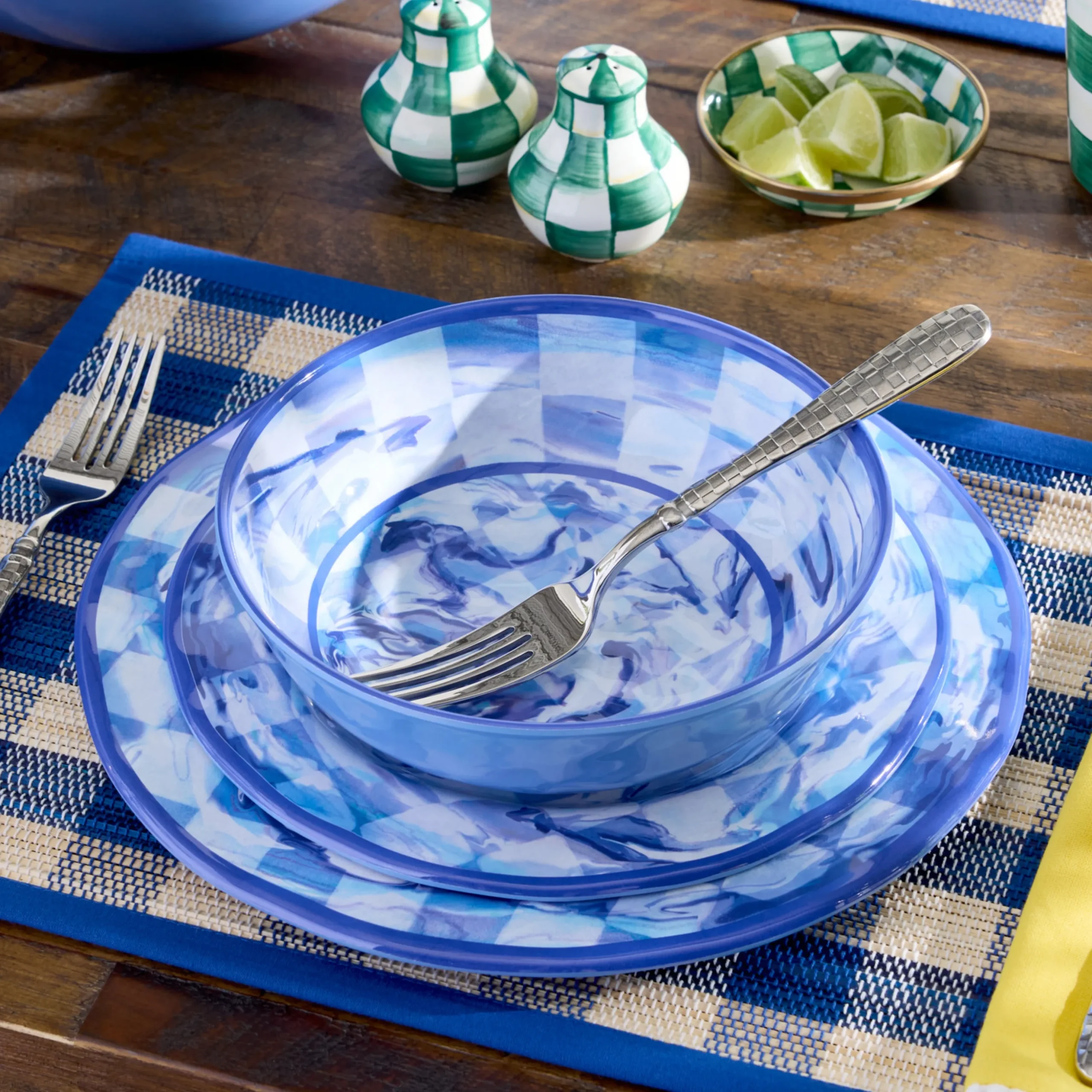 Blue Marble Check Melamine Small Bowls, Set of 4