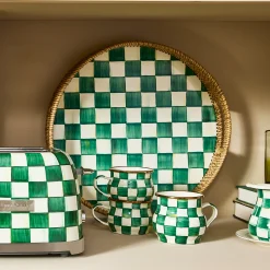 Emerald Check Enamel & Rattan Round Serving Tray