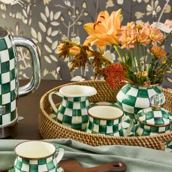 Emerald Check Enamel & Rattan Round Serving Tray