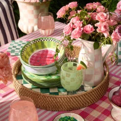 Emerald Check Enamel & Rattan Round Serving Tray