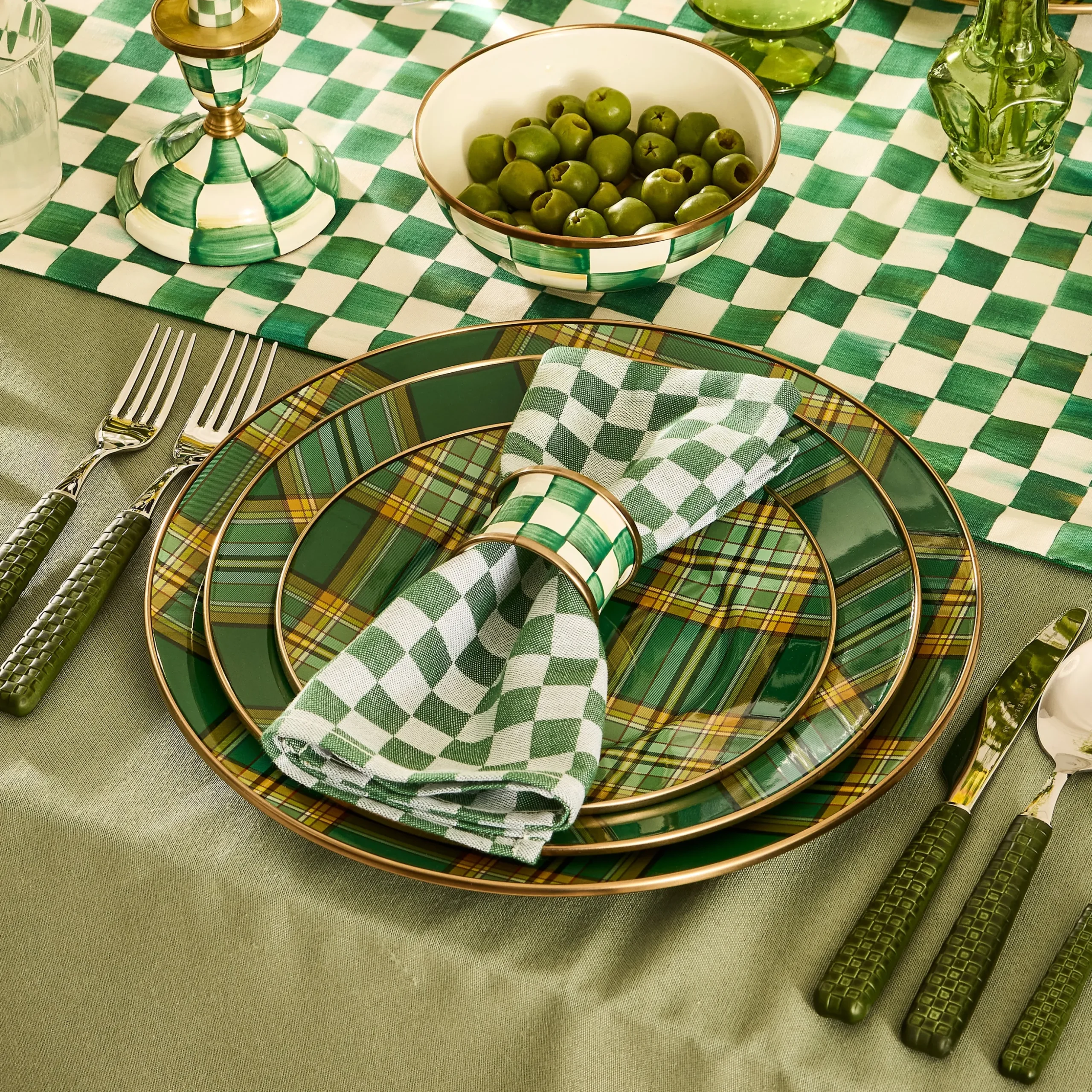 Emerald Check Napkin Rings, Set of 4
