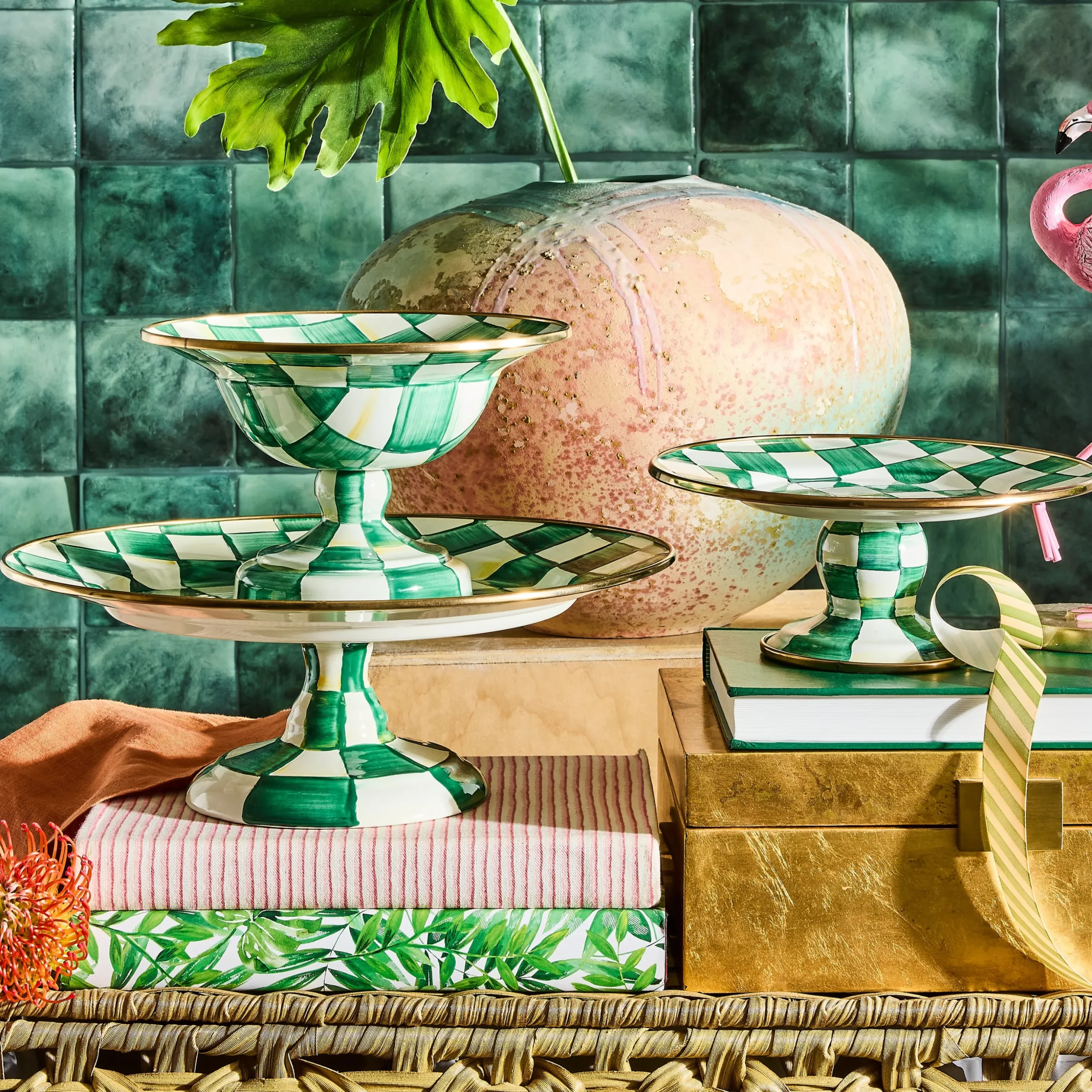 Emerald Check Small Pedestal Platter