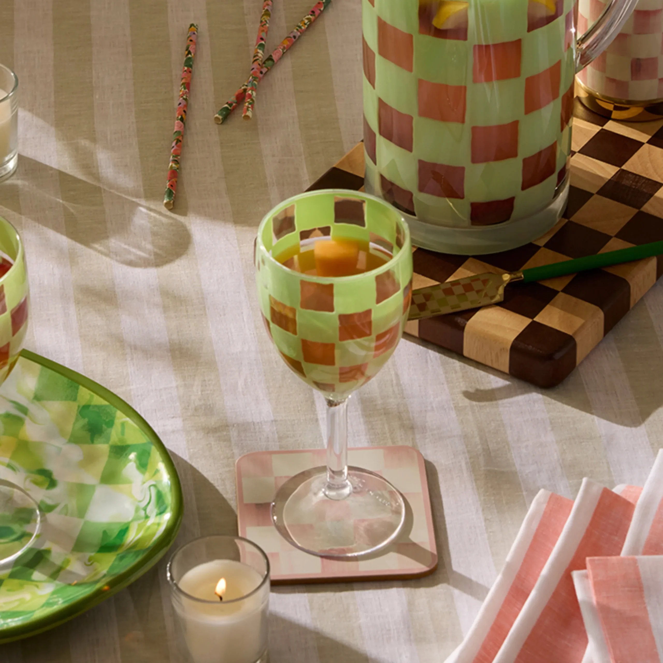 Green Check Acrylic Wine Goblets, Set of 4