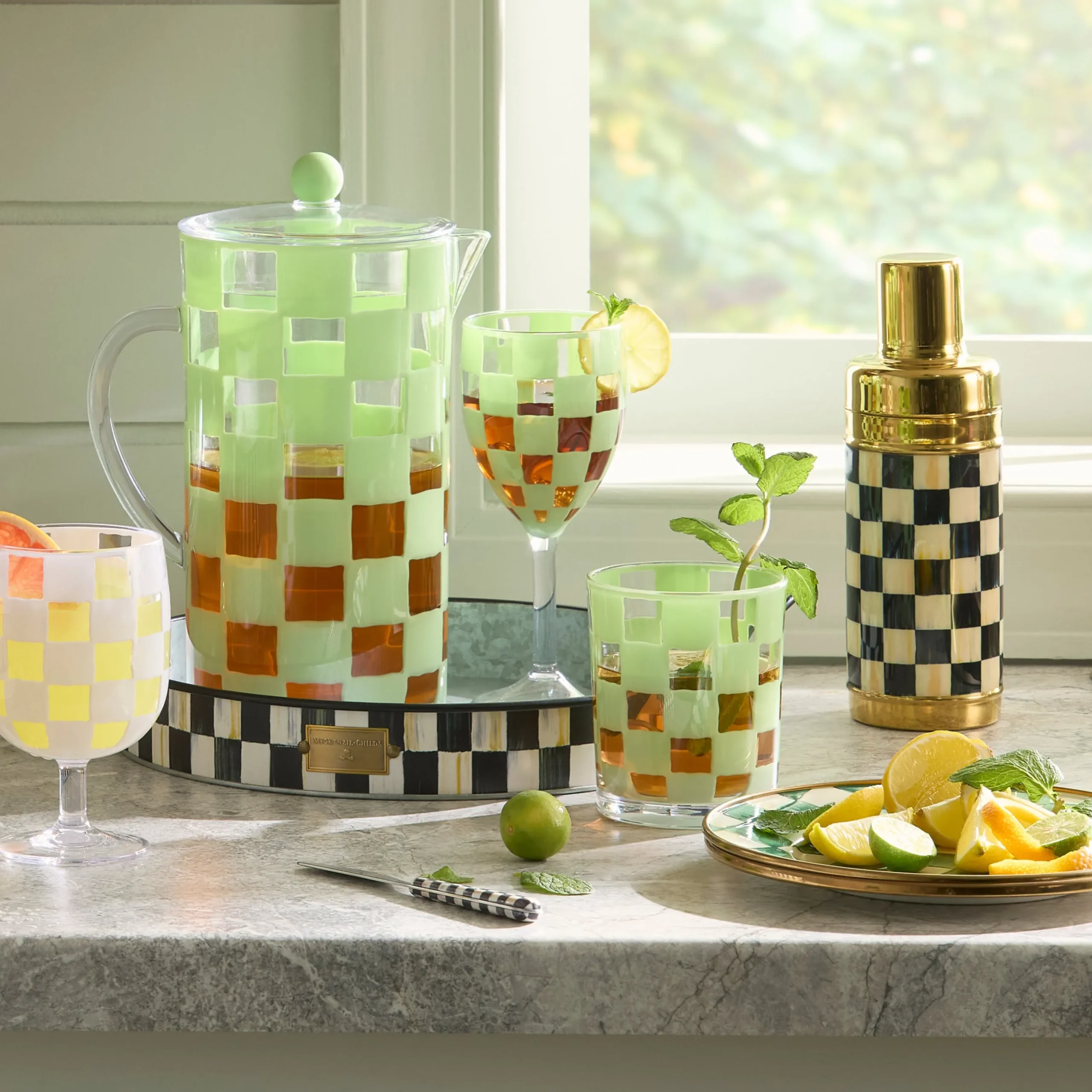 Green Check Acrylic Wine Goblets, Set of 4