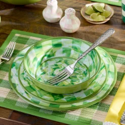 Green Marble Check Melamine Dinner Plates, Set of 4