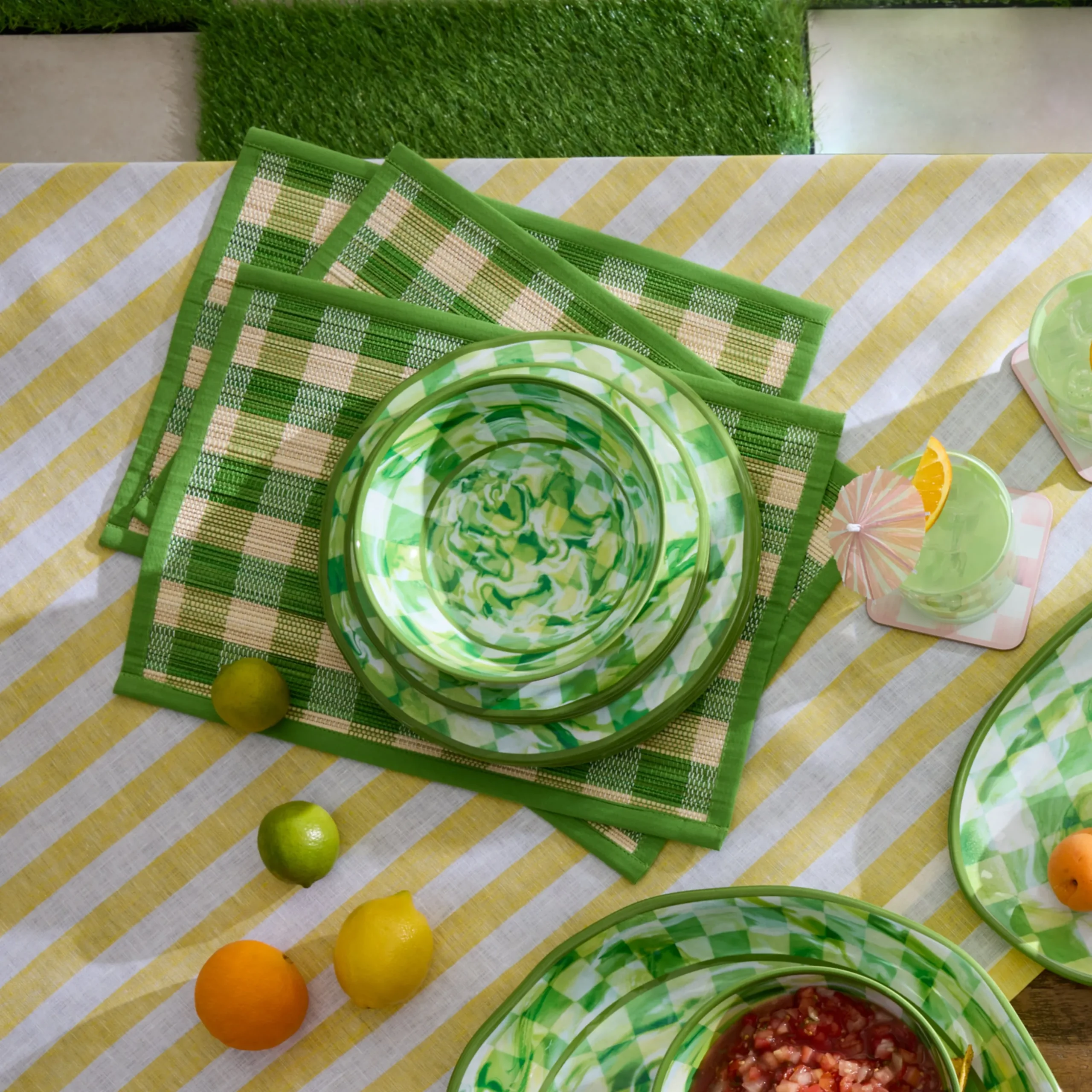 Green Marble Check Melamine Salad Plates, Set of 4