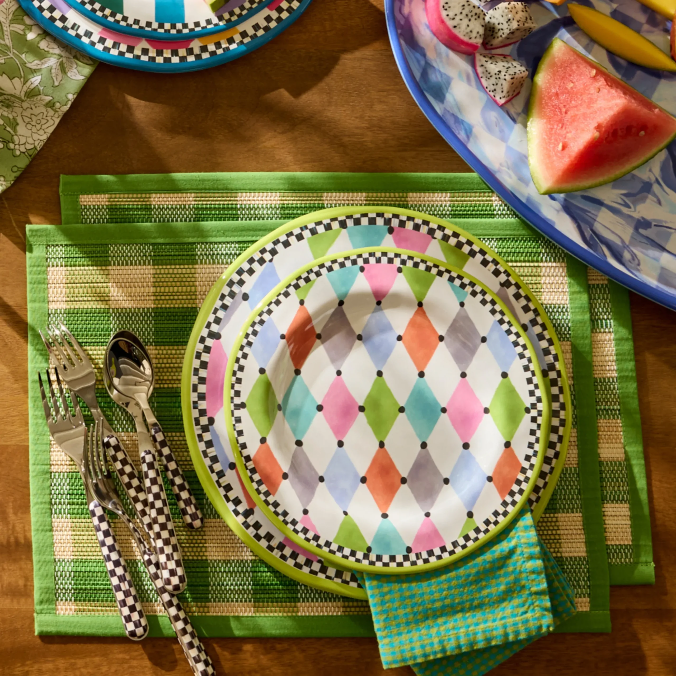 Green Woven Check Straw Placemats, Set of 4