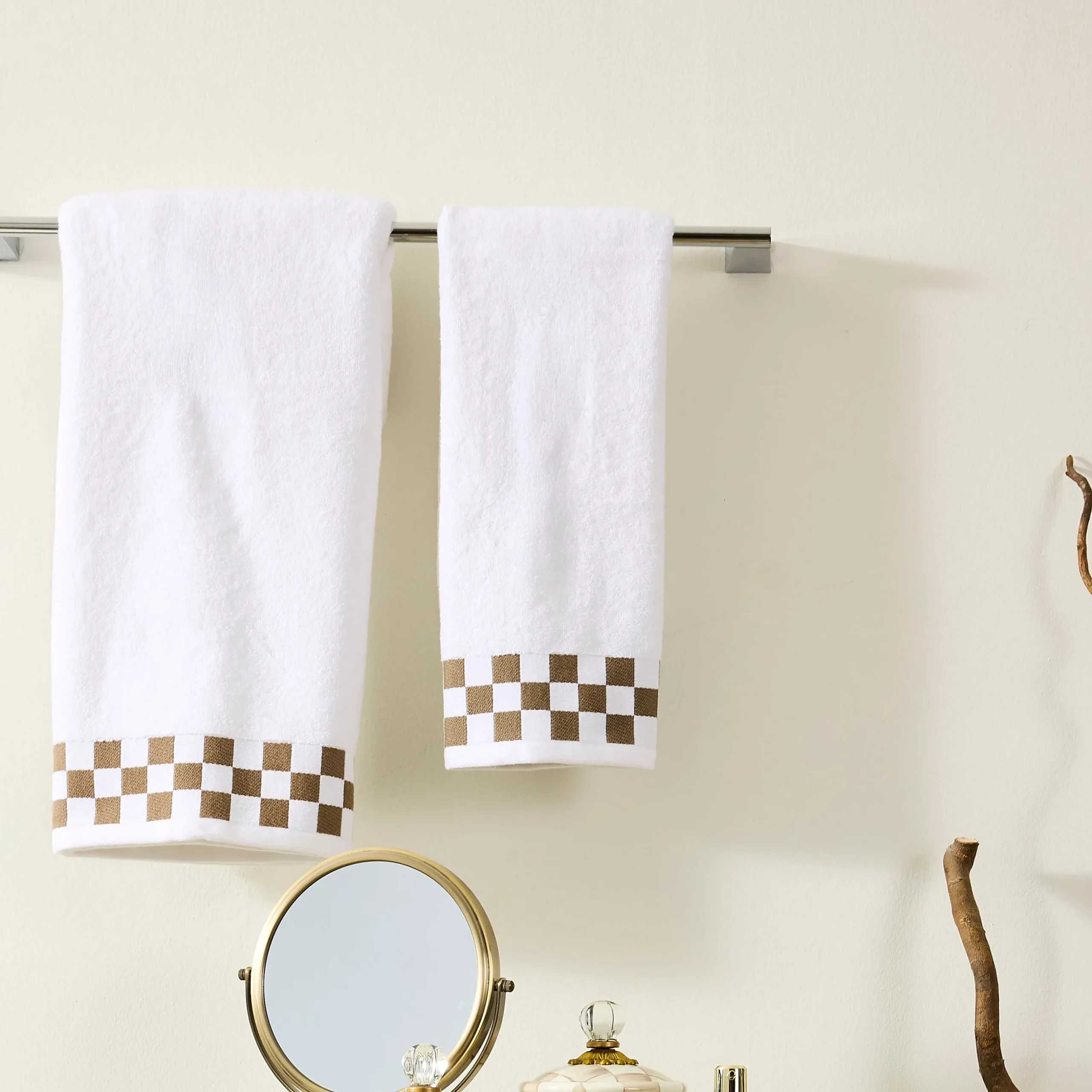 Hand Towel with Mocha Check Border
