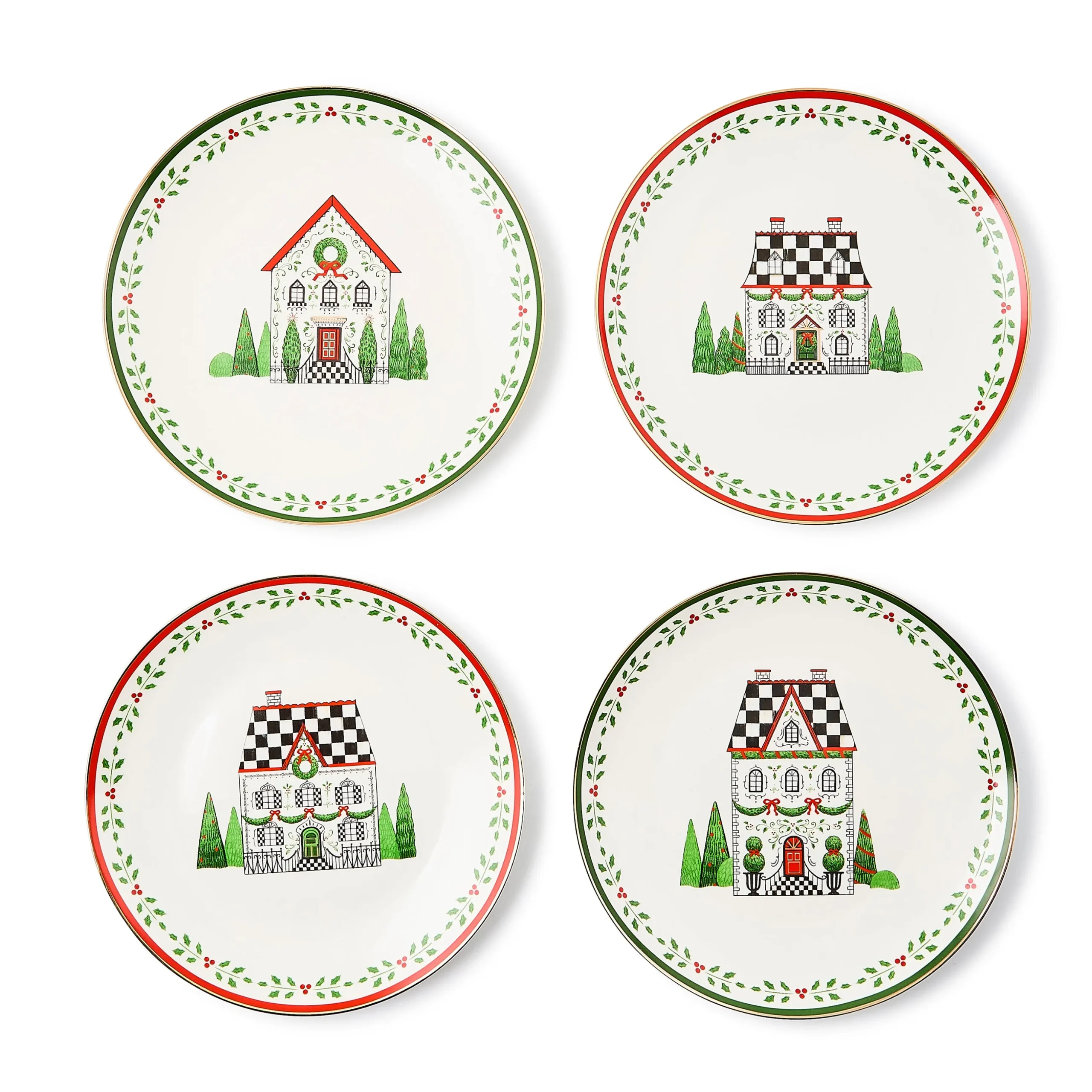 Holly Village Ceramic Dessert Plates, Set of 4