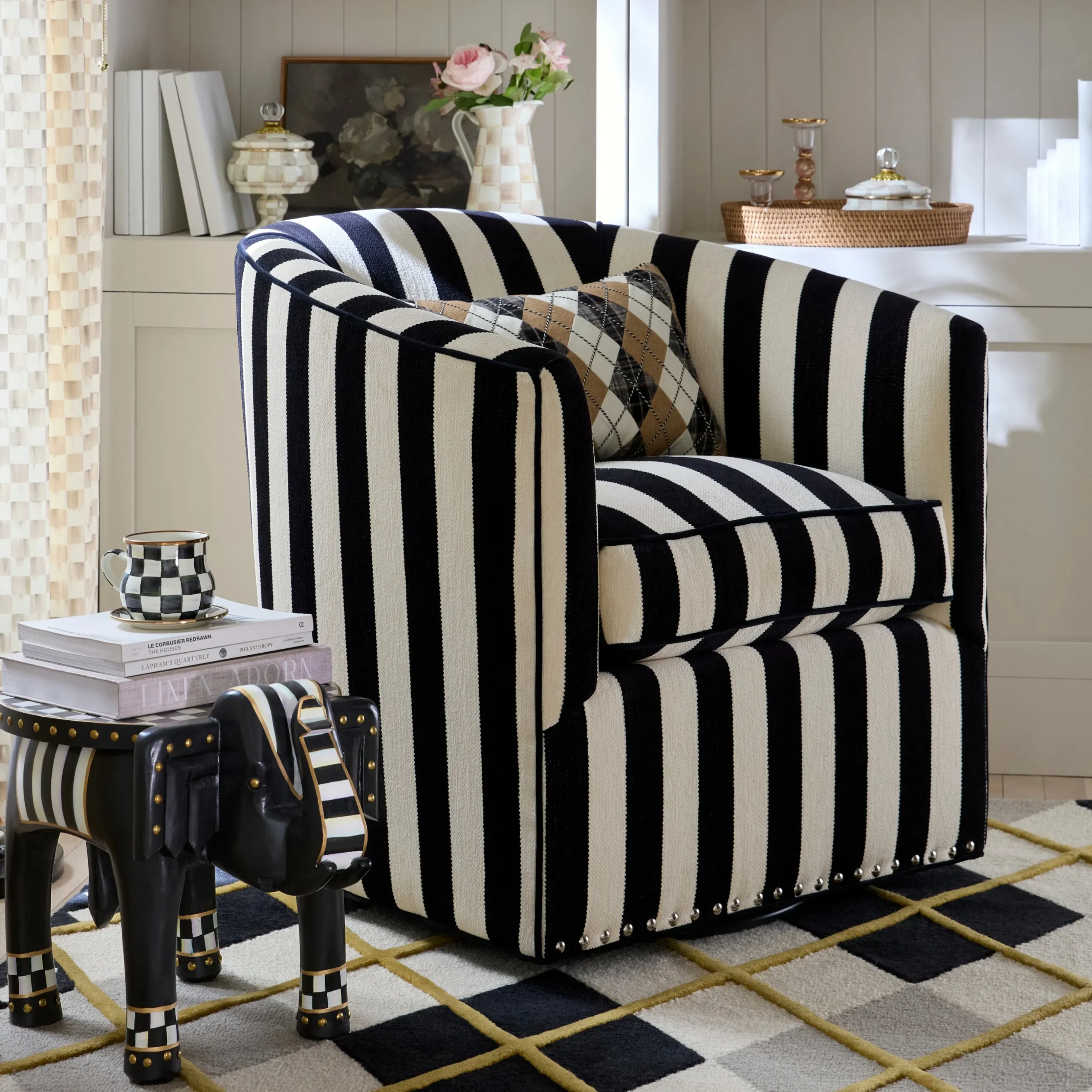 Marquee Black Stripe Chenille Swivel Chair