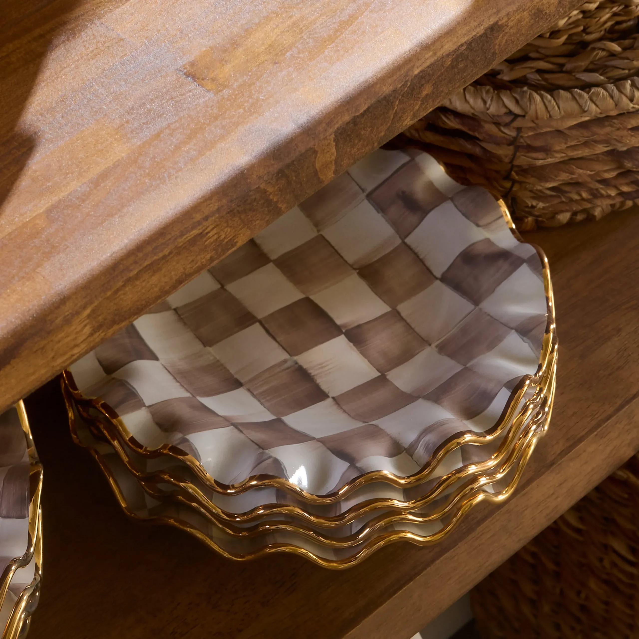 Mocha Check Ceramic Fluted Dessert Plate