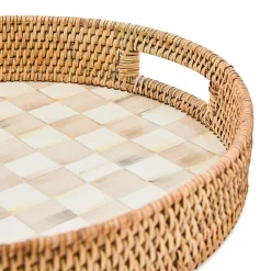 Mocha Check Enamel & Rattan Round Serving Tray