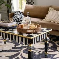 Mocha Check Enamel & Rattan Round Serving Tray