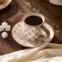 Mocha Check Espresso Cup & Saucer, Set of 2