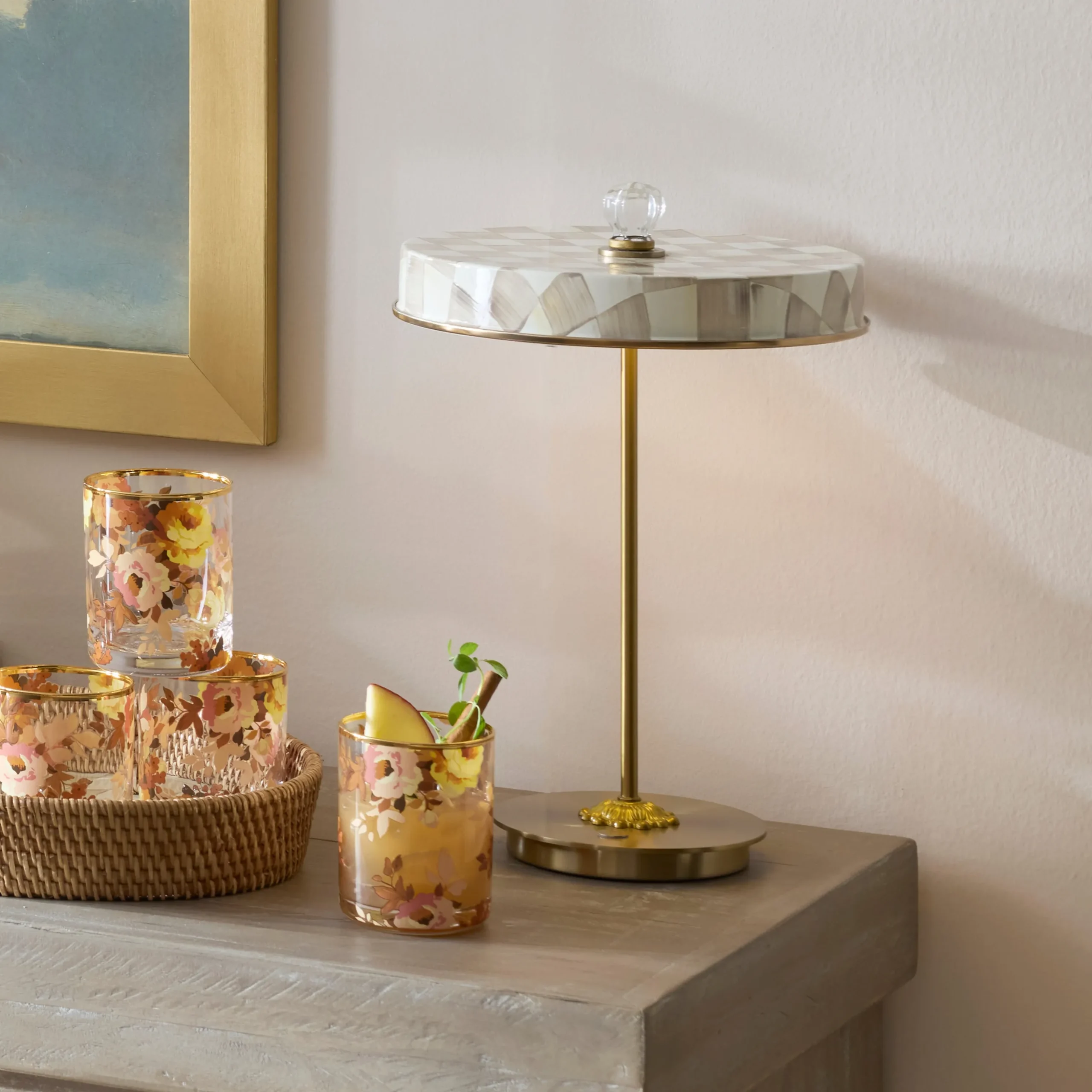 Mocha Check LED Rechargeable Disk Table Lamp