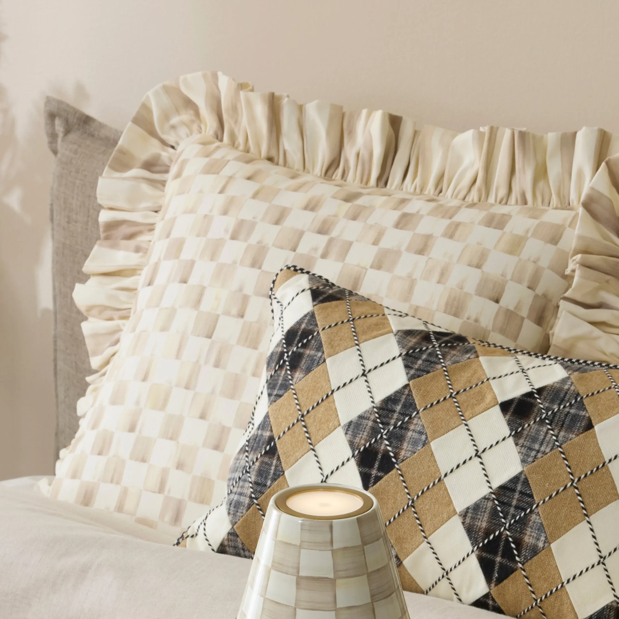 Mocha Check Throw Pillow with Ruffle