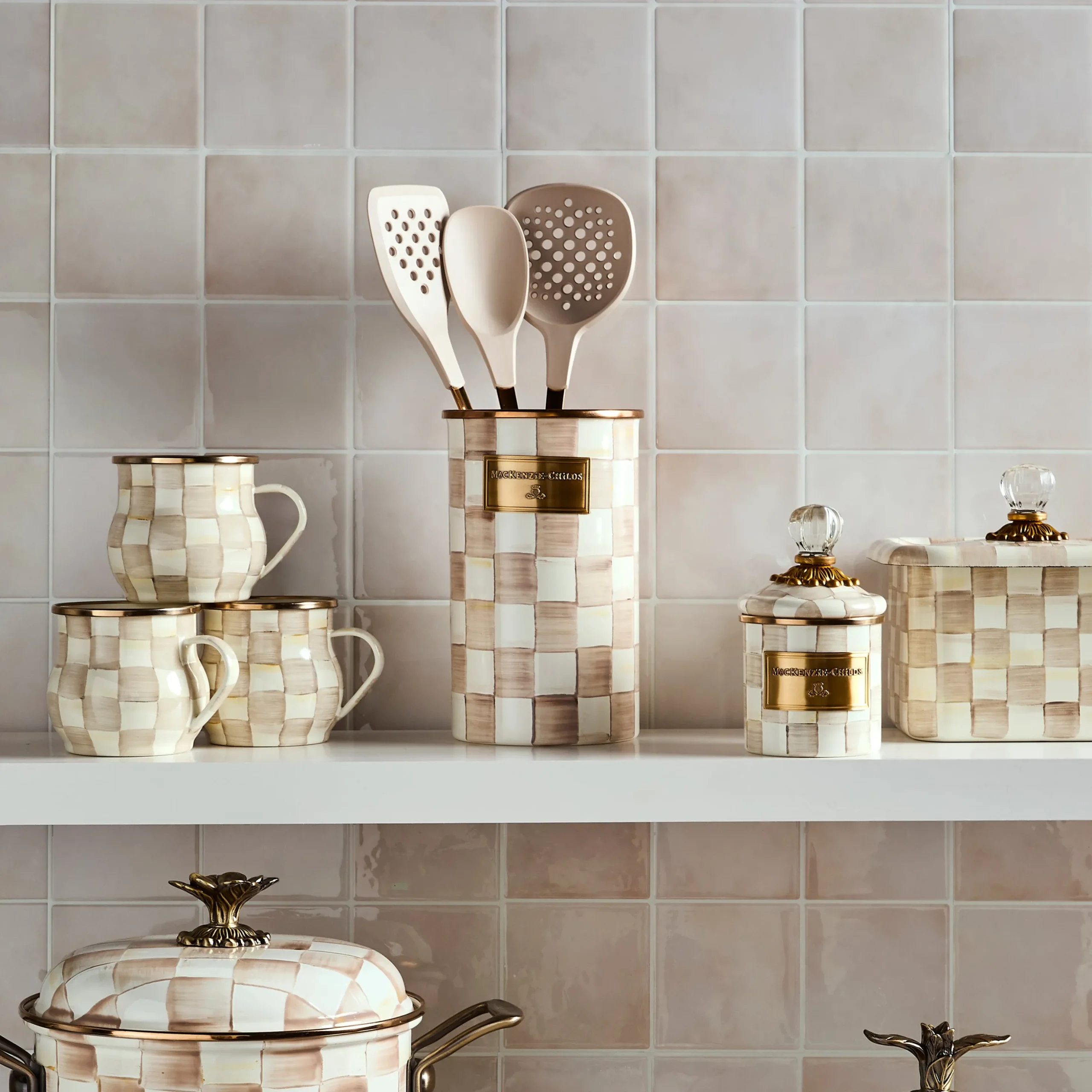 Mocha Check Utensil Holder