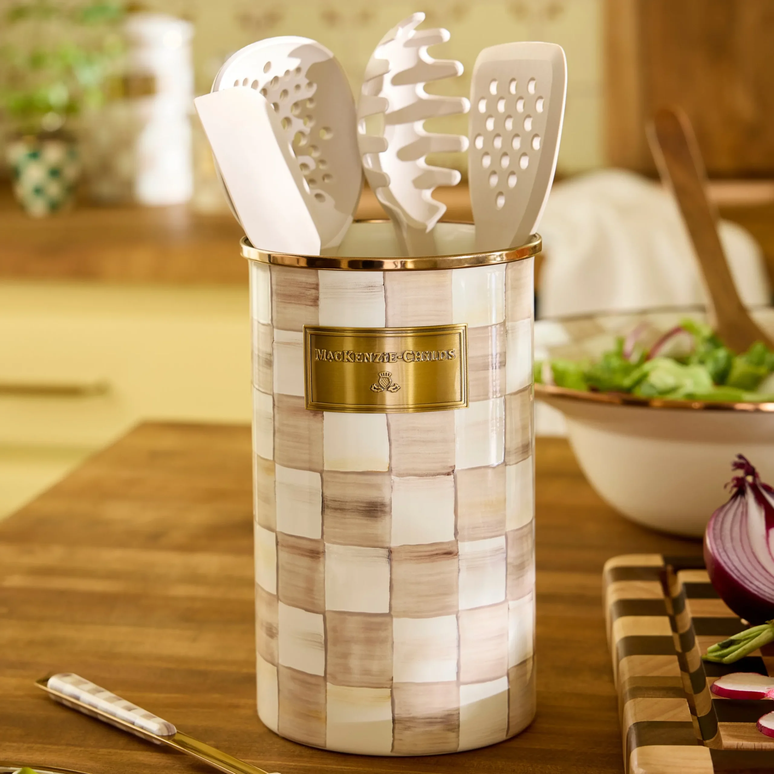 Mocha Check Utensil Holder