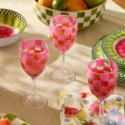Pink Check Acrylic Wine Goblets, Set of 4