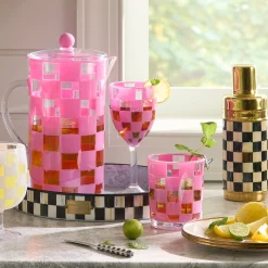 Pink Check Acrylic Wine Goblets, Set of 4