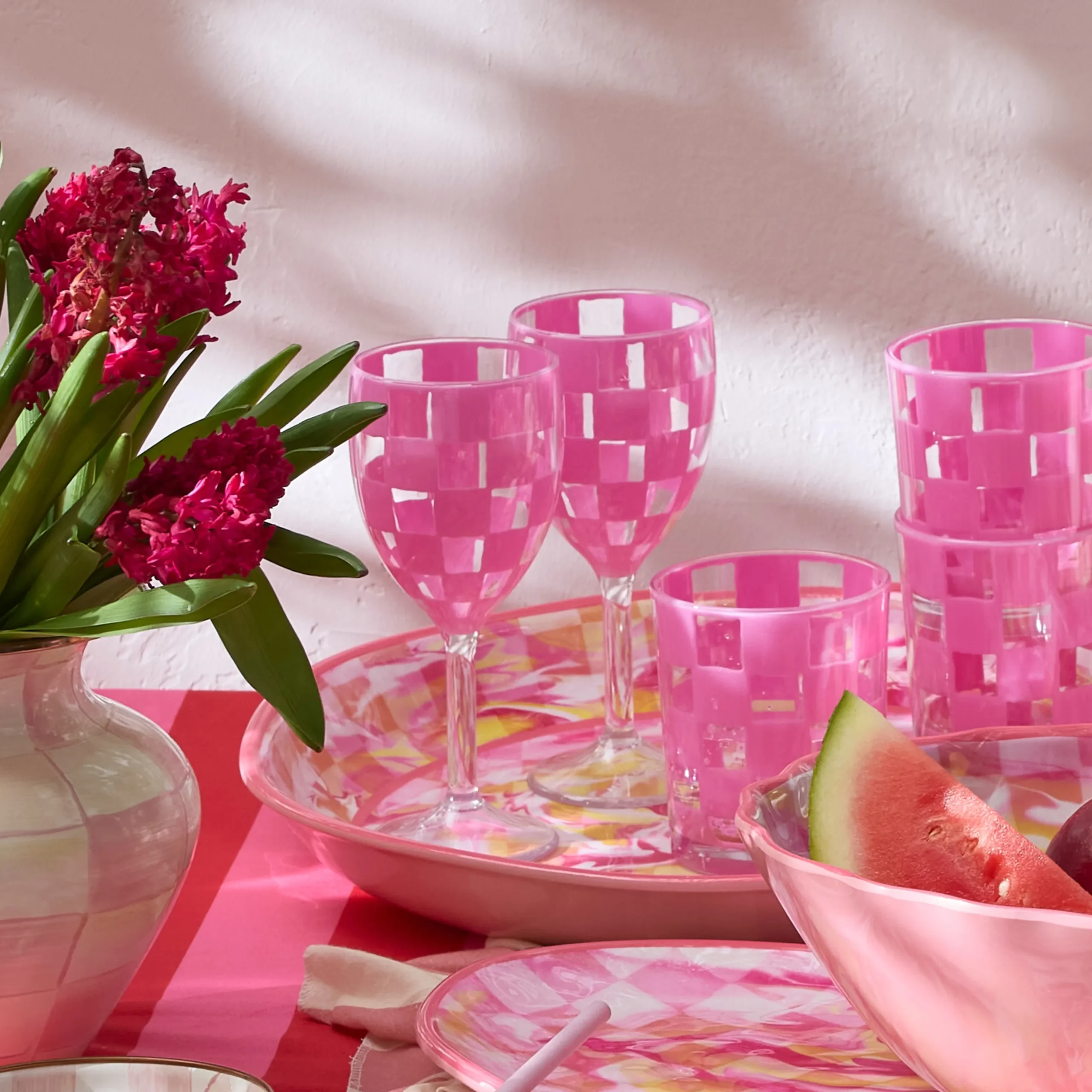 Pink Check Acrylic Wine Goblets, Set of 4