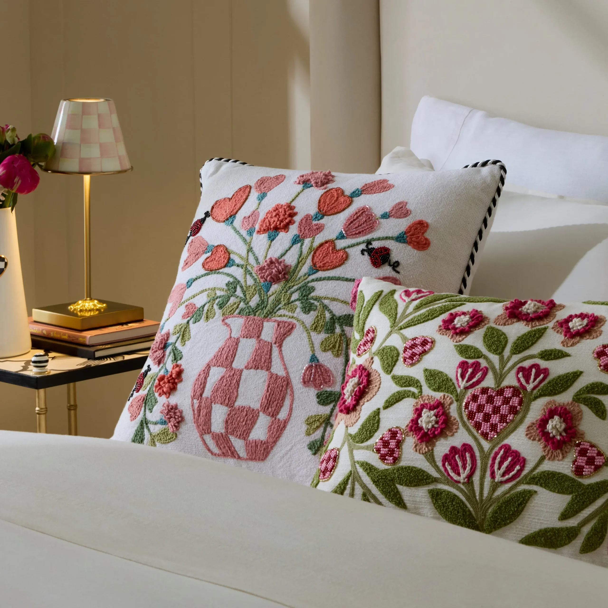 Pink Check Hearts Bouquet Throw Pillow