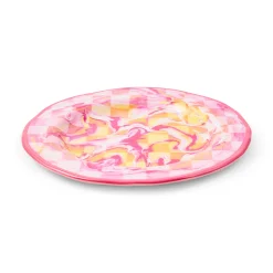 Pink Marble Check Melamine Dinner Plates, Set of 4