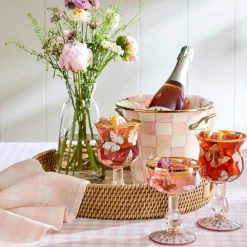 Rosy Check Enamel & Rattan Round Serving Tray