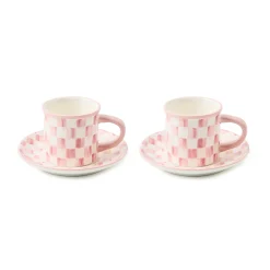 Rosy Check Espresso Cup & Saucer, Set of 2