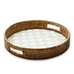 Sterling Check Enamel & Rattan Round Serving Tray
