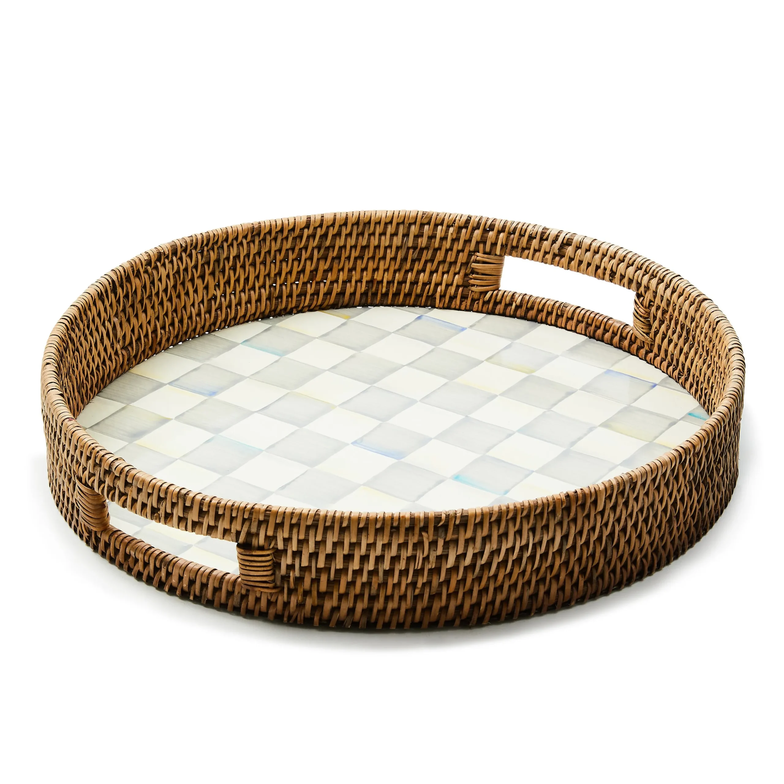 Sterling Check Enamel & Rattan Round Serving Tray