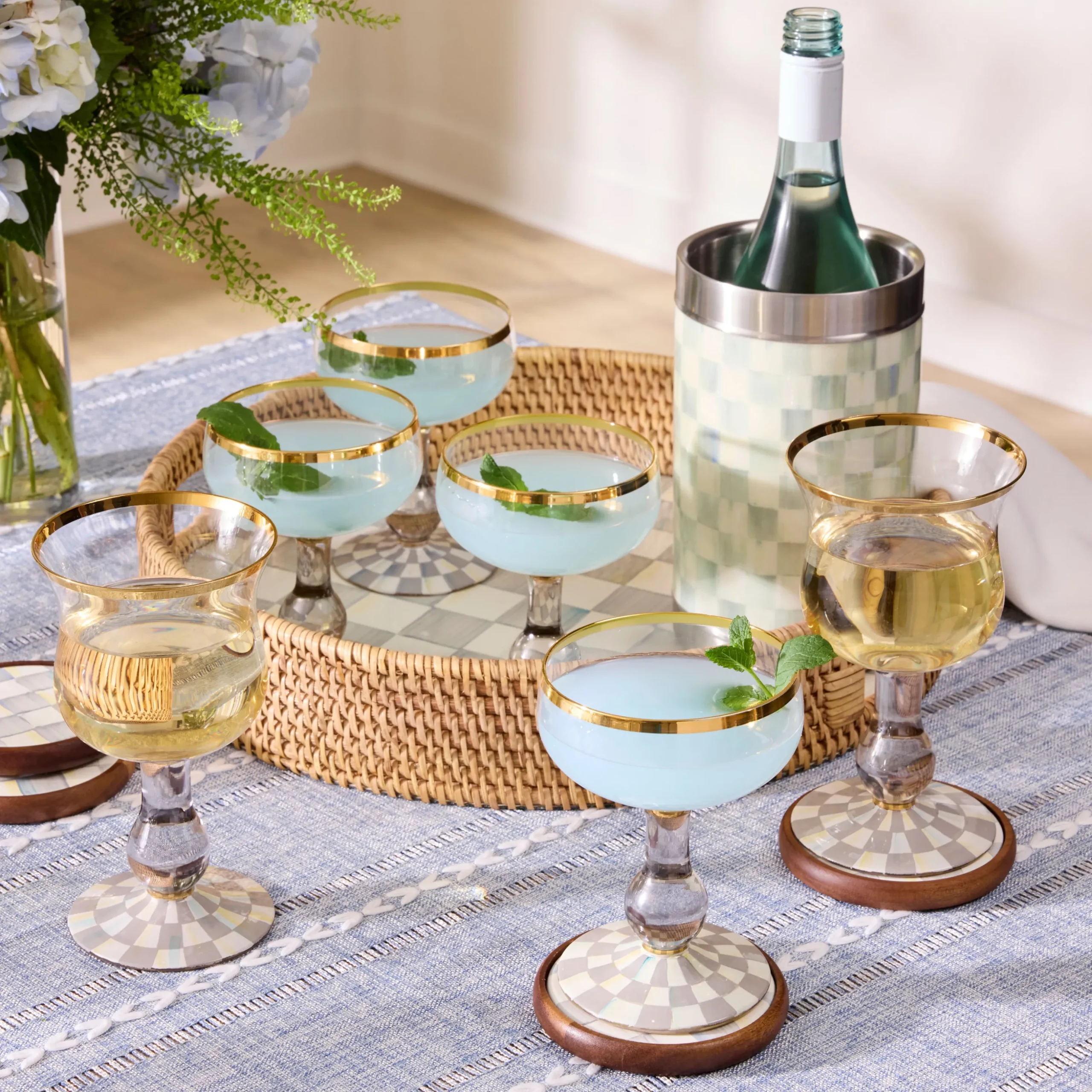 Sterling Check Enamel & Rattan Round Serving Tray