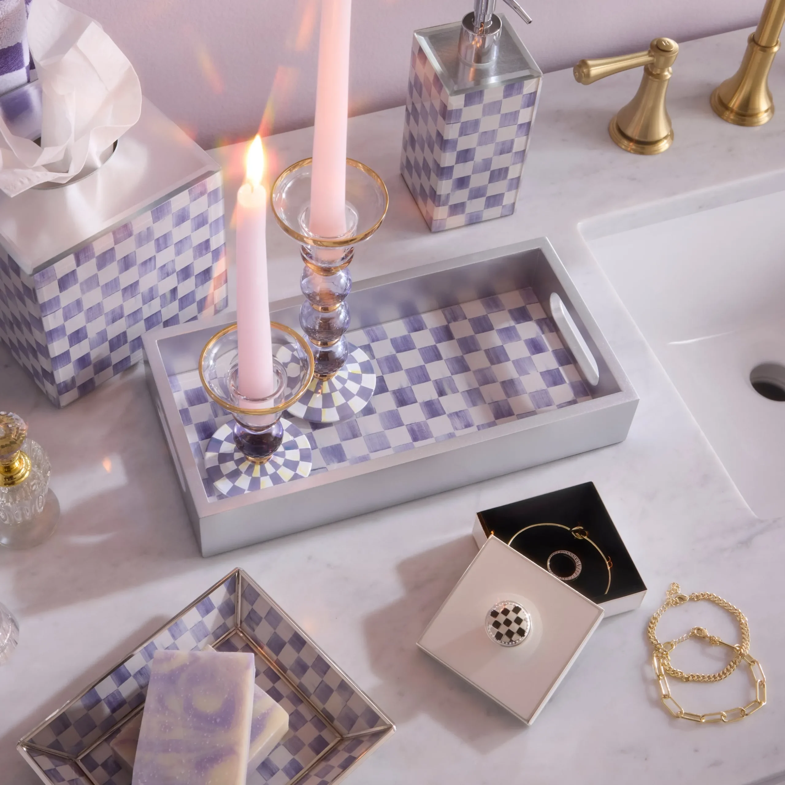 Violet Check Glass Vanity Tray