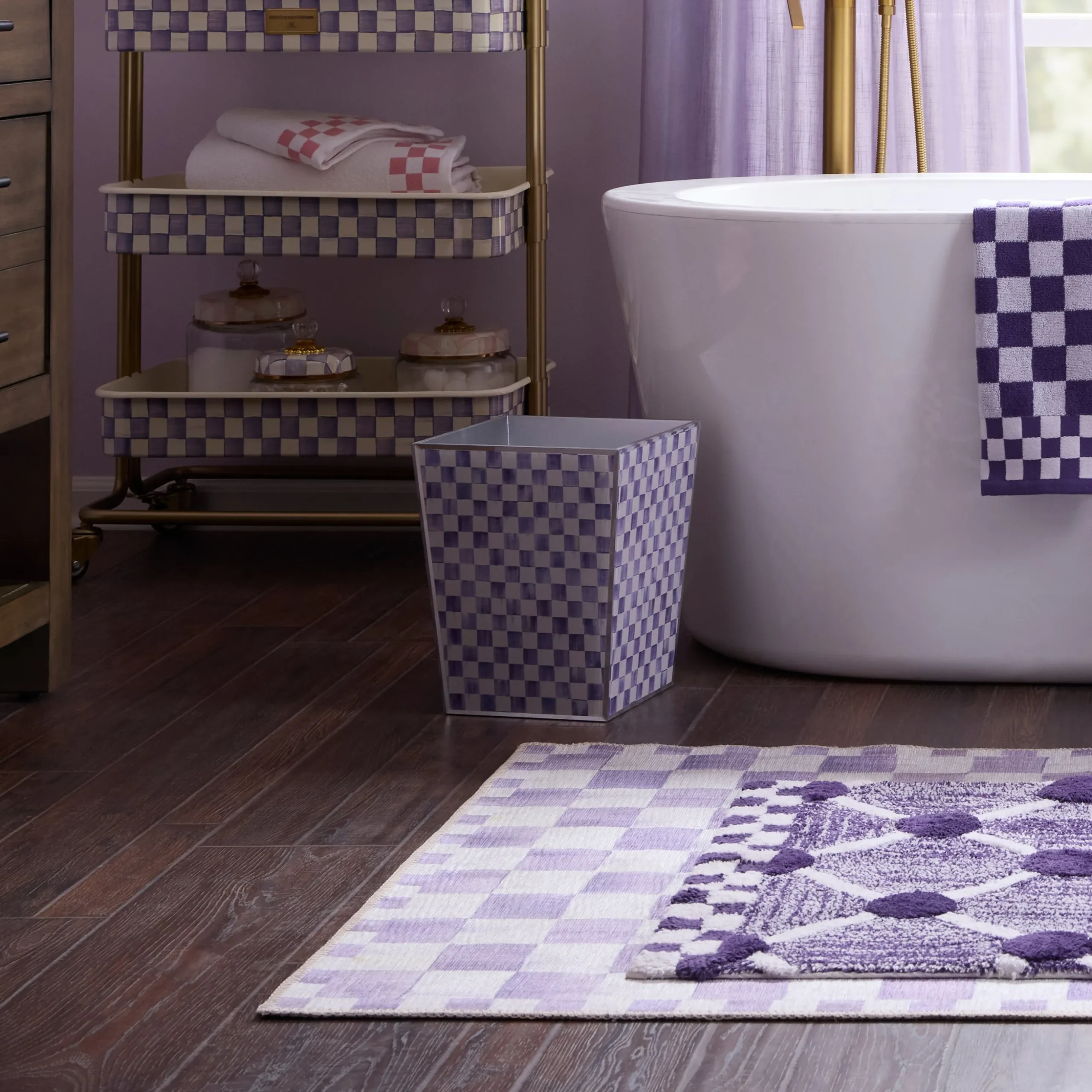 Violet Check Glass Waste Bin