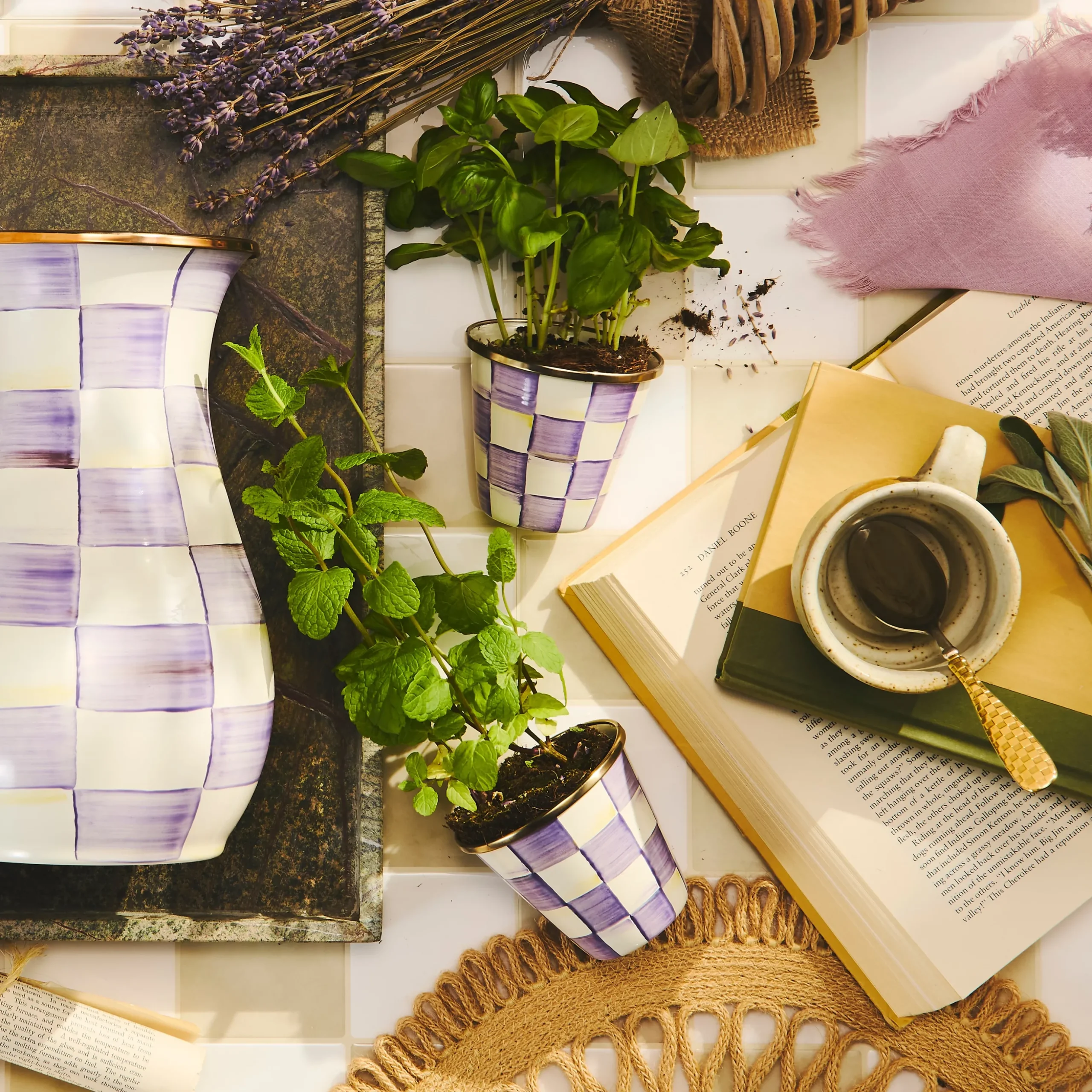 Violet Check Herb Pots, Set of 3