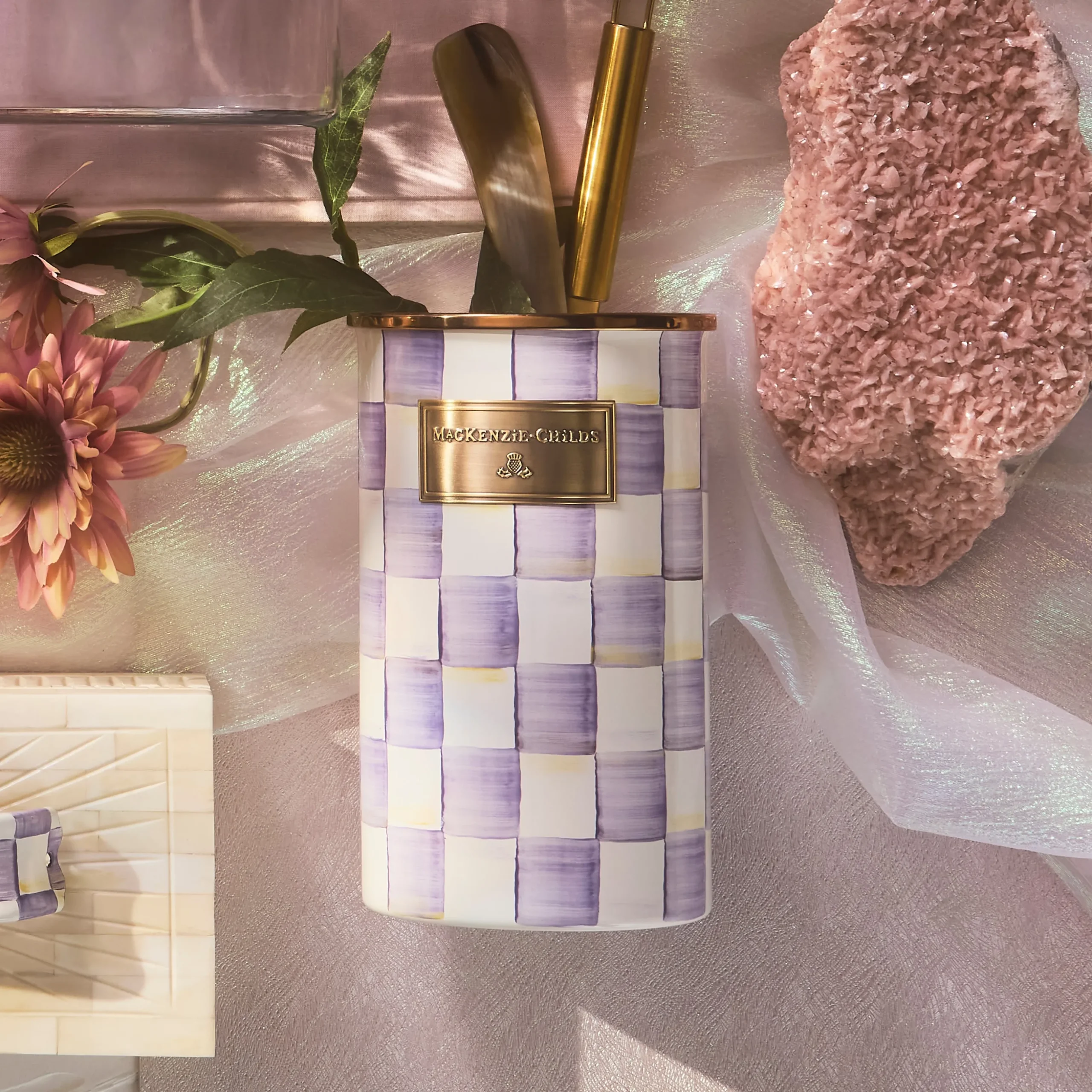 Violet Check Utensil Holder