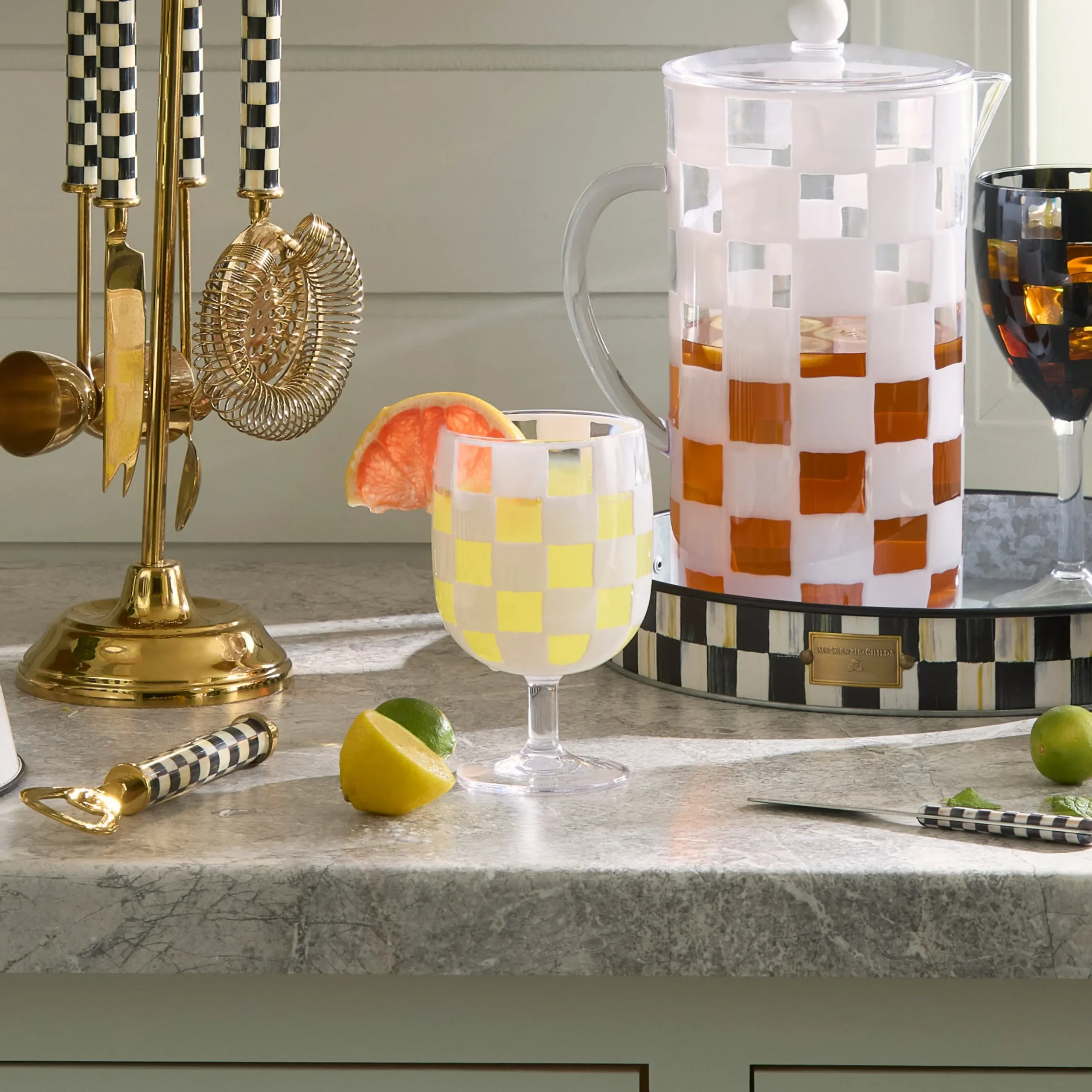 White Check Acrylic Water Goblets, Set of 4