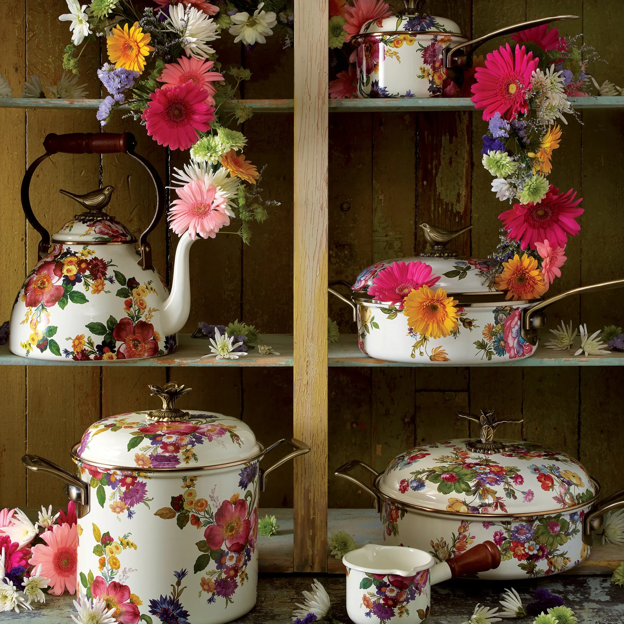 White Flower Market 3 Quart Tea Kettle with Bird