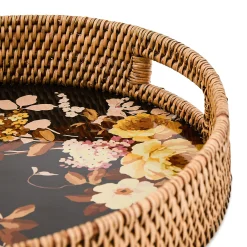 Wild Rose Brown Enamel & Rattan Round Serving Tray