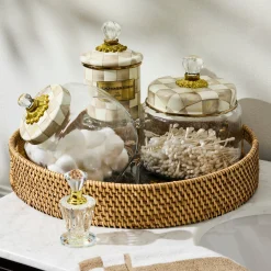Wild Rose Brown Enamel & Rattan Round Serving Tray
