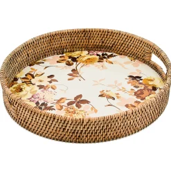 Wild Rose White Enamel & Rattan Round Serving Tray