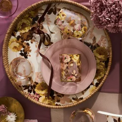 Wild Rose White Enamel & Rattan Round Serving Tray